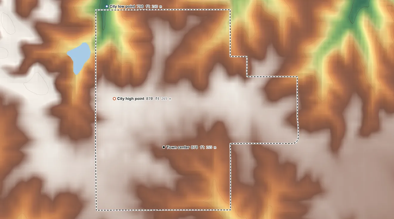 Topographic elevation map of Keswick, Iowa, shaded from 790 ft on the north side to 870 ft on the northwest side