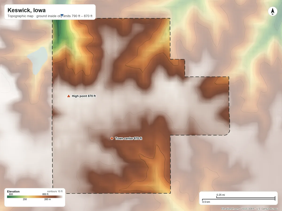Topographic elevation map of Keswick, Iowa, shaded from 790 ft on the north side to 870 ft on the northwest side