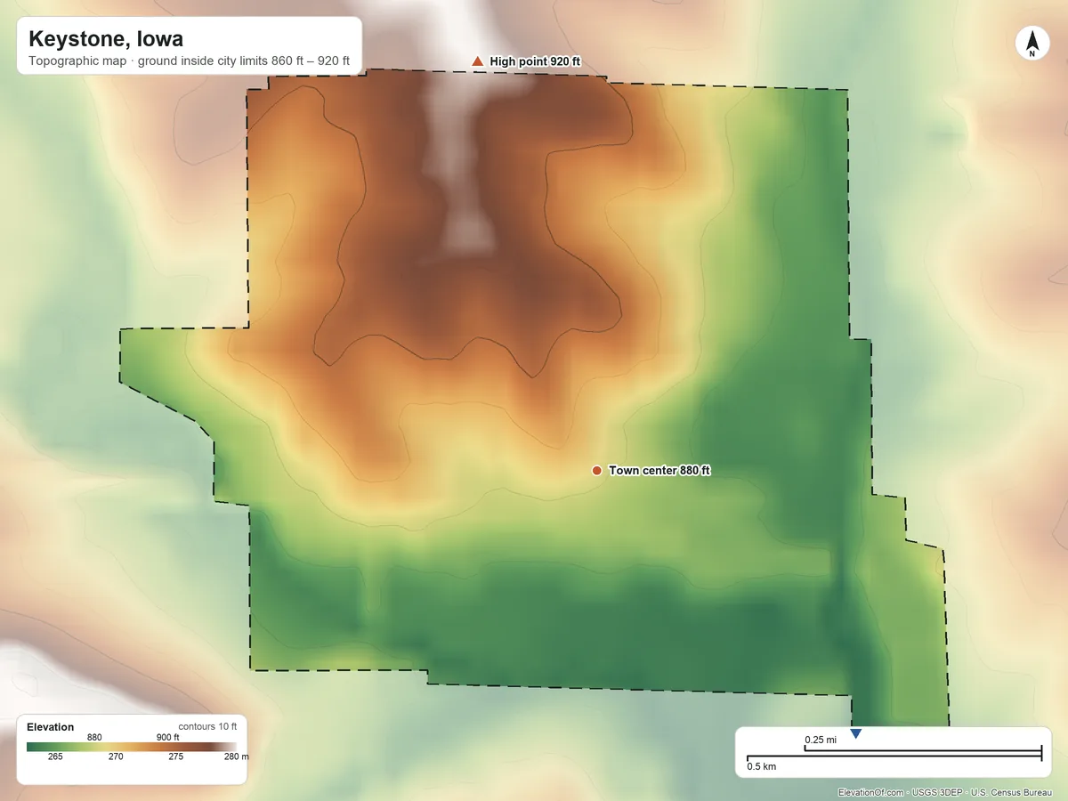 Topographic elevation map of Keystone, Iowa, shaded from 860 ft on the southeast side to 920 ft on the north side