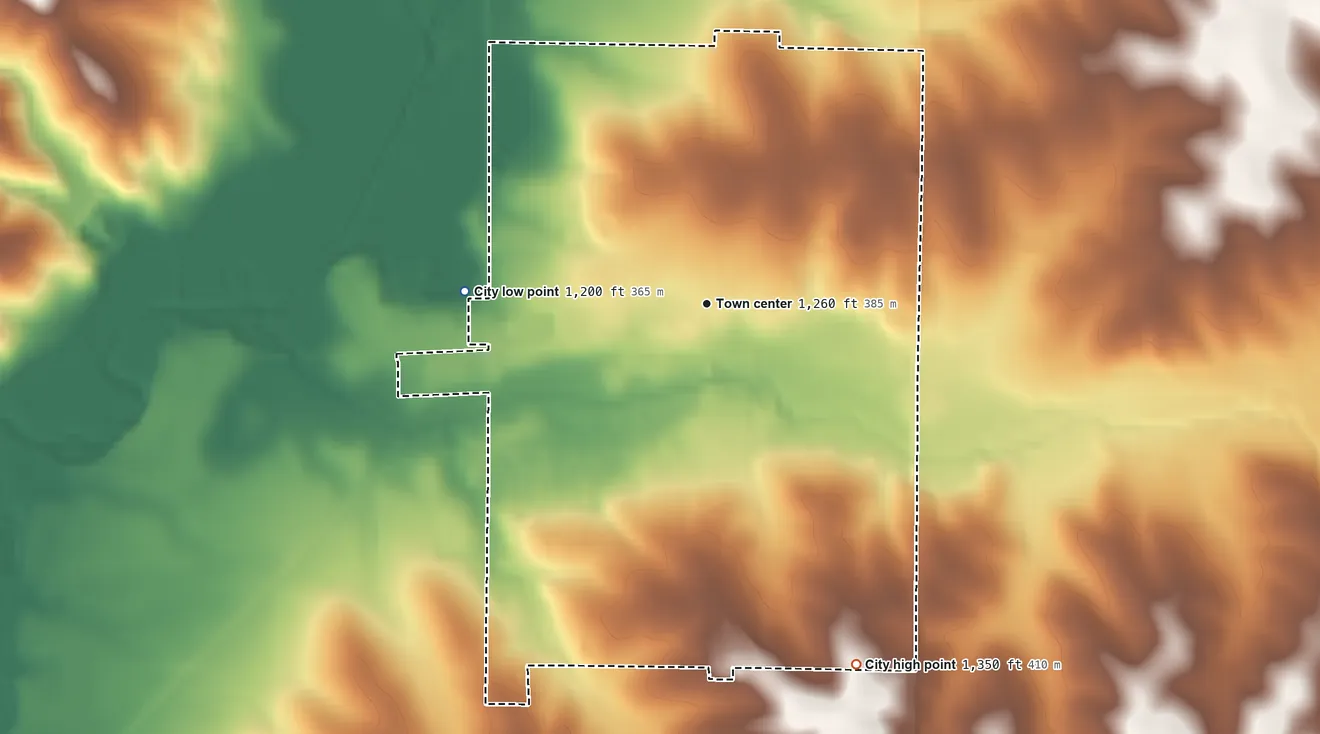 Topographic elevation map of Kingsley, Iowa, shaded from 1,200 ft on the west side to 1,350 ft on the south side