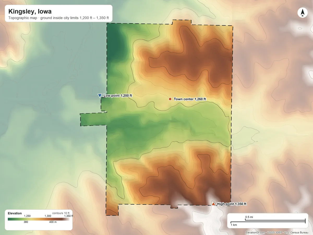 Topographic elevation map of Kingsley, Iowa, shaded from 1,200 ft on the west side to 1,350 ft on the south side