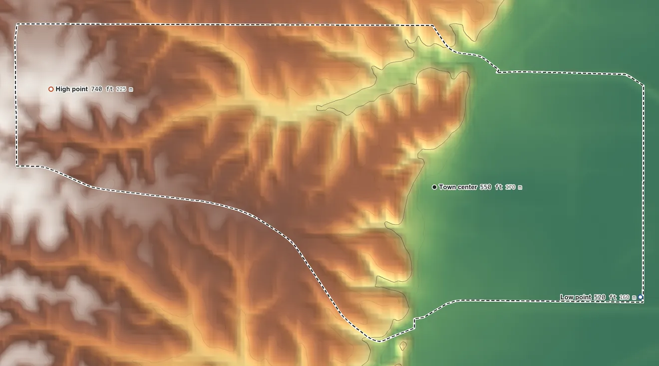 Topographic elevation map of Kingston, Iowa, shaded from 520 ft on the southeast side to 740 ft on the west side