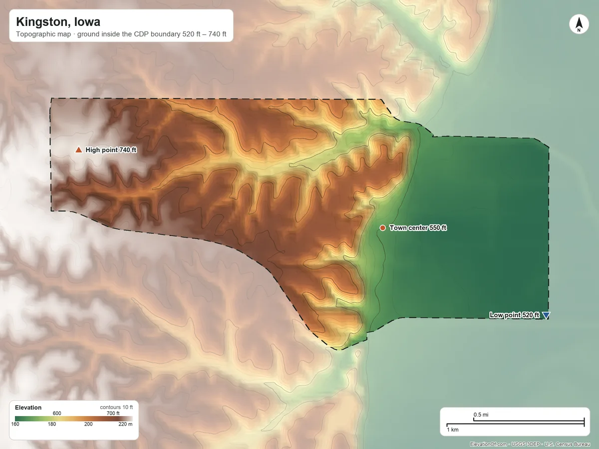 Topographic elevation map of Kingston, Iowa, shaded from 520 ft on the southeast side to 740 ft on the west side