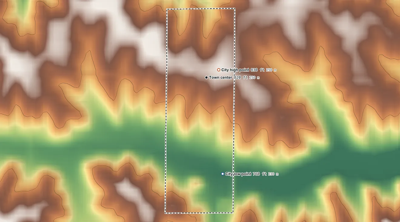 Topographic elevation map of Kinross, Iowa, shaded from 760 ft on the south side to 830 ft near the middle