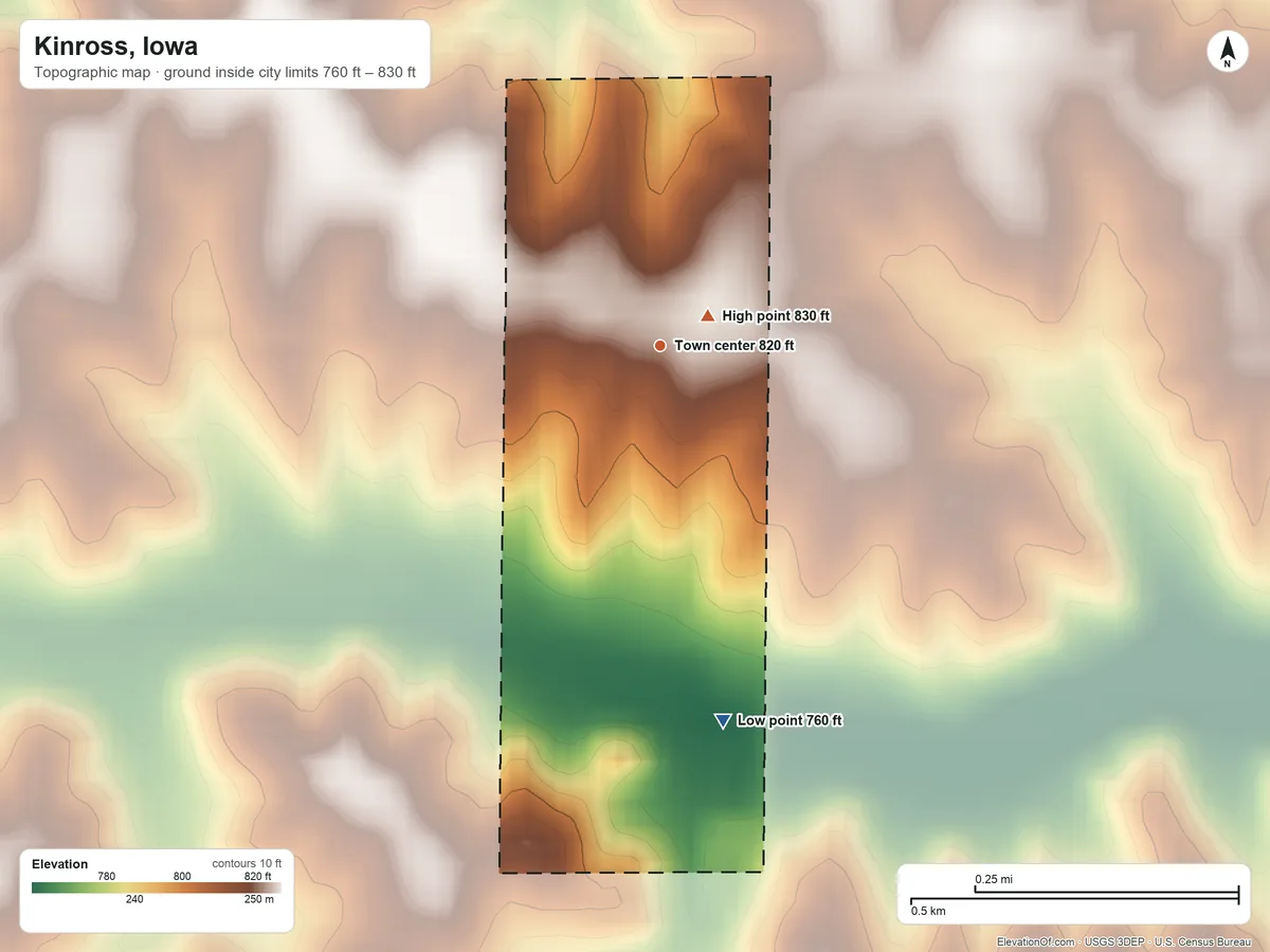 Topographic elevation map of Kinross, Iowa, shaded from 760 ft on the south side to 830 ft near the middle