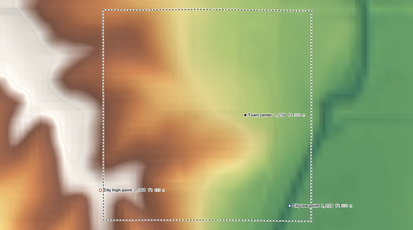 Topographic elevation map of Kirkman, Iowa, shaded from 1,210 ft on the southeast side to 1,360 ft on the southwest side
