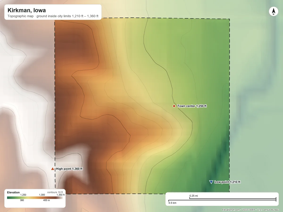 Topographic elevation map of Kirkman, Iowa, shaded from 1,210 ft on the southeast side to 1,360 ft on the southwest side