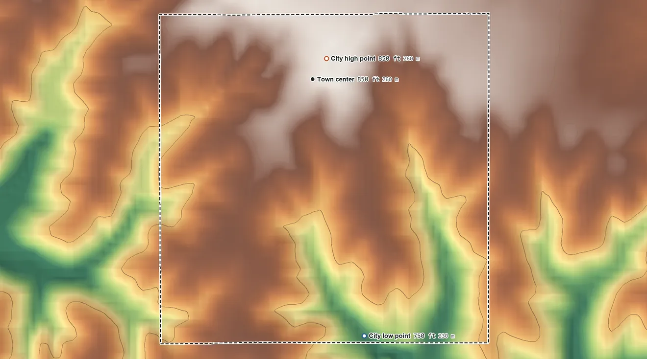 Topographic elevation map of Kirkville, Iowa, shaded from 750 ft on the south side to 850 ft near the middle