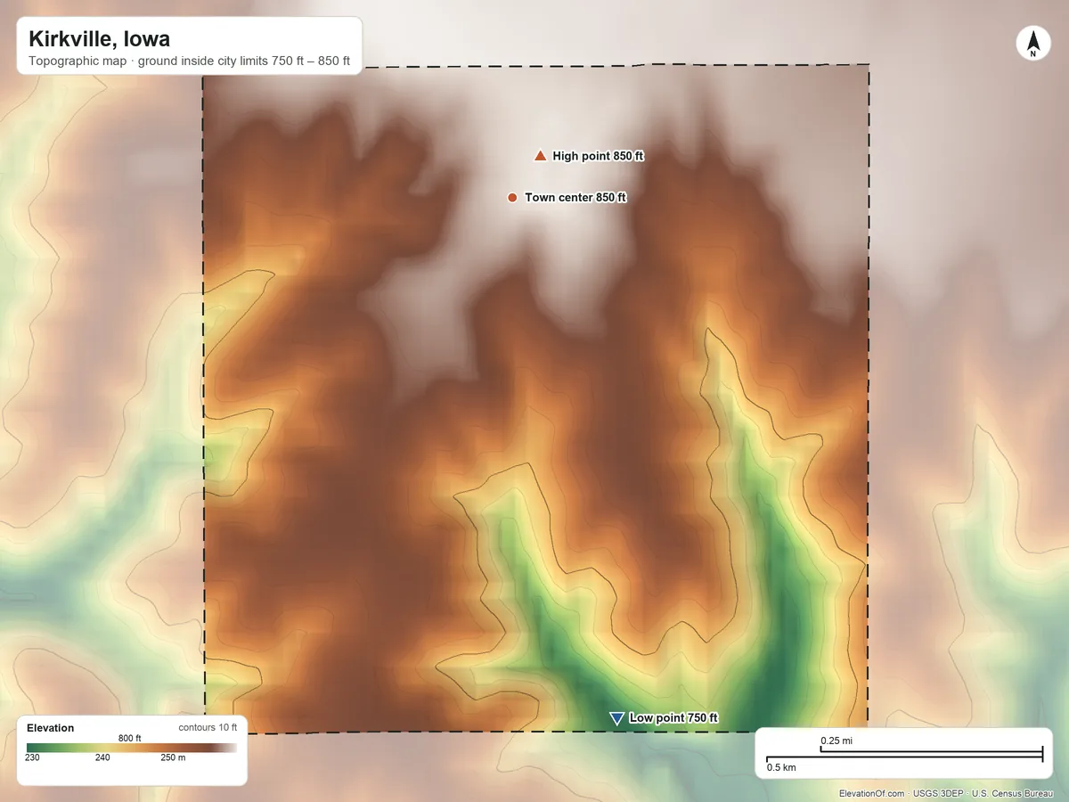 Topographic elevation map of Kirkville, Iowa, shaded from 750 ft on the south side to 850 ft near the middle