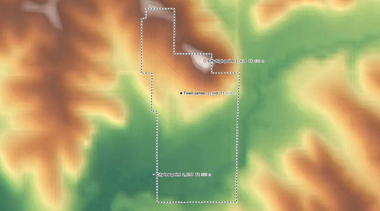 Topographic elevation map of Kiron, Iowa, shaded from 1,290 ft on the south side to 1,410 ft on the northeast side