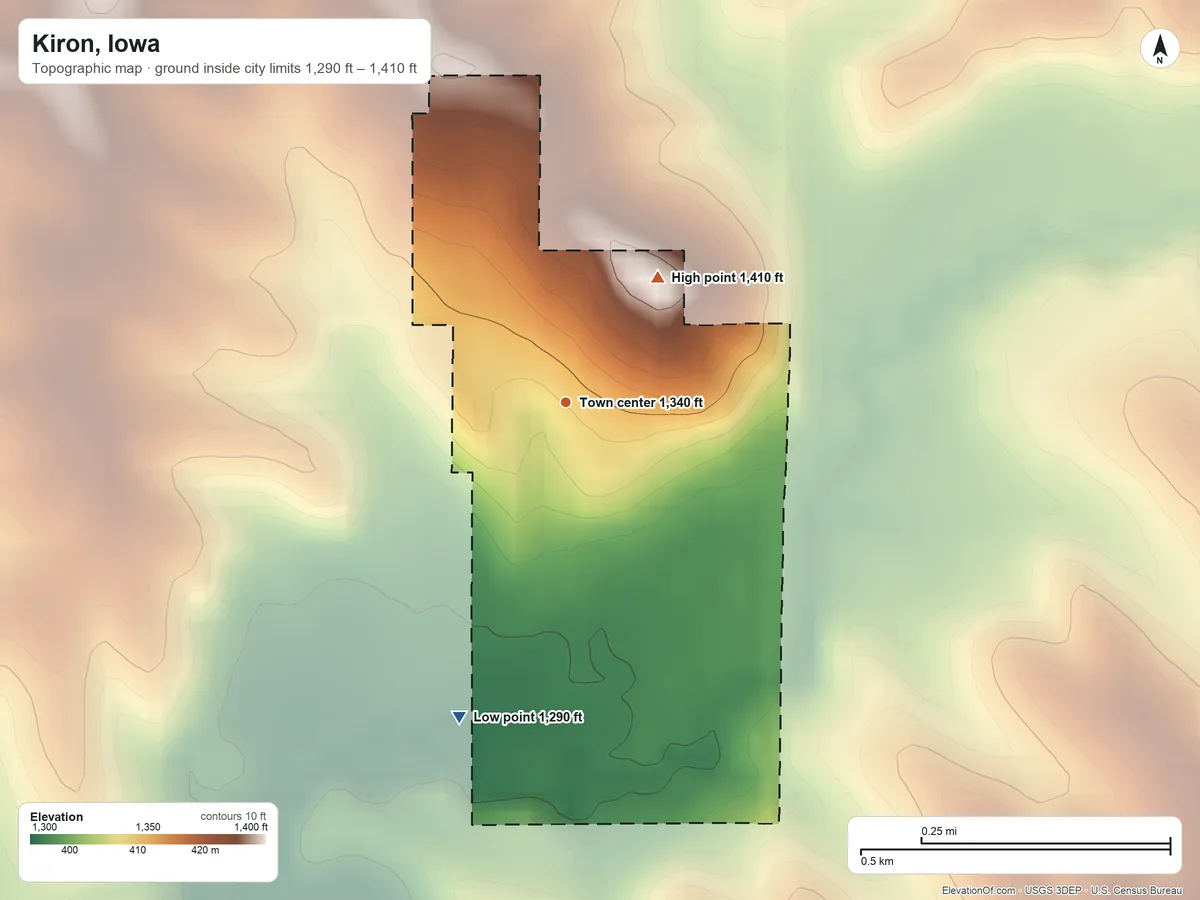 Topographic elevation map of Kiron, Iowa, shaded from 1,290 ft on the south side to 1,410 ft on the northeast side