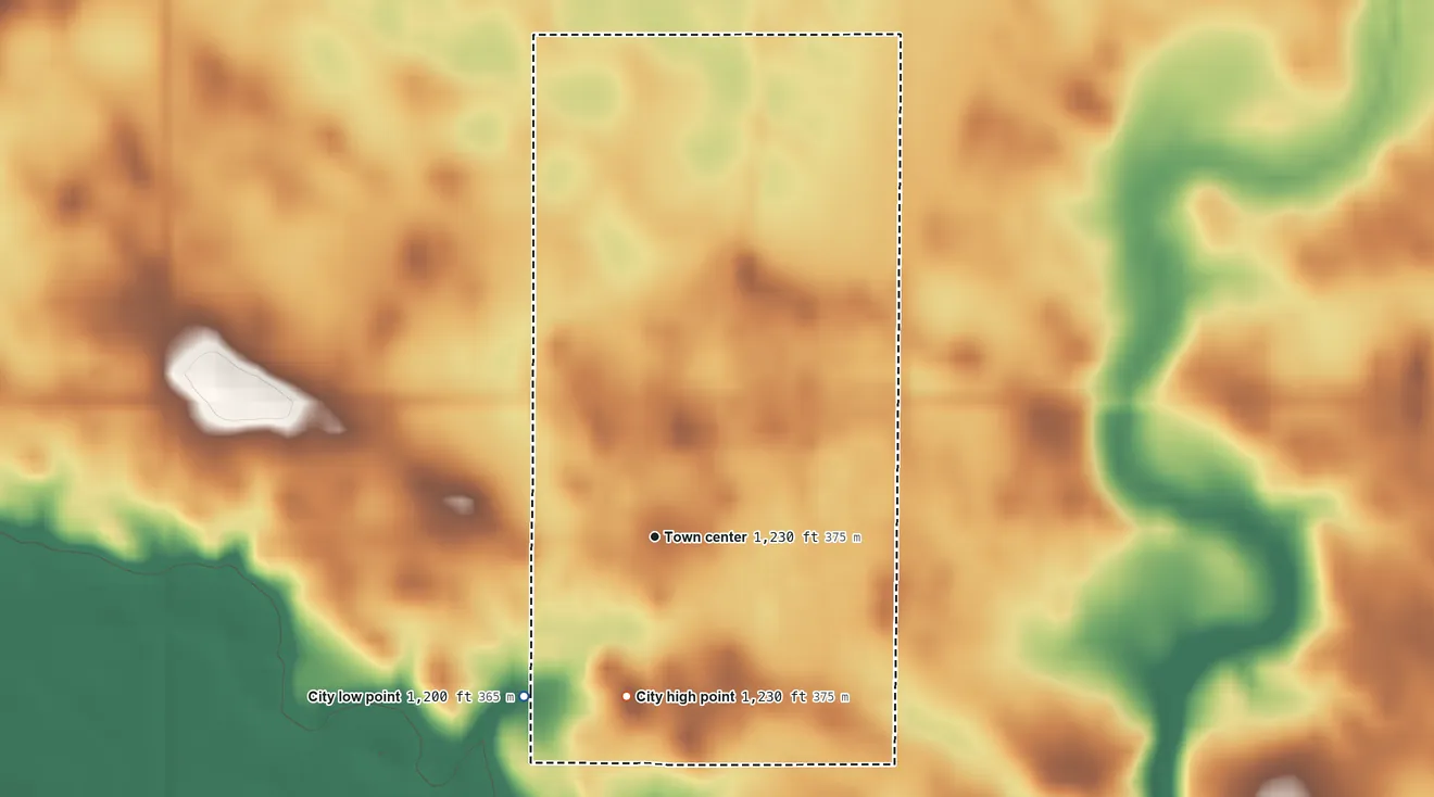 Topographic elevation map of Klemme, Iowa, shaded from 1,200 ft on the southwest side to 1,230 ft on the south side