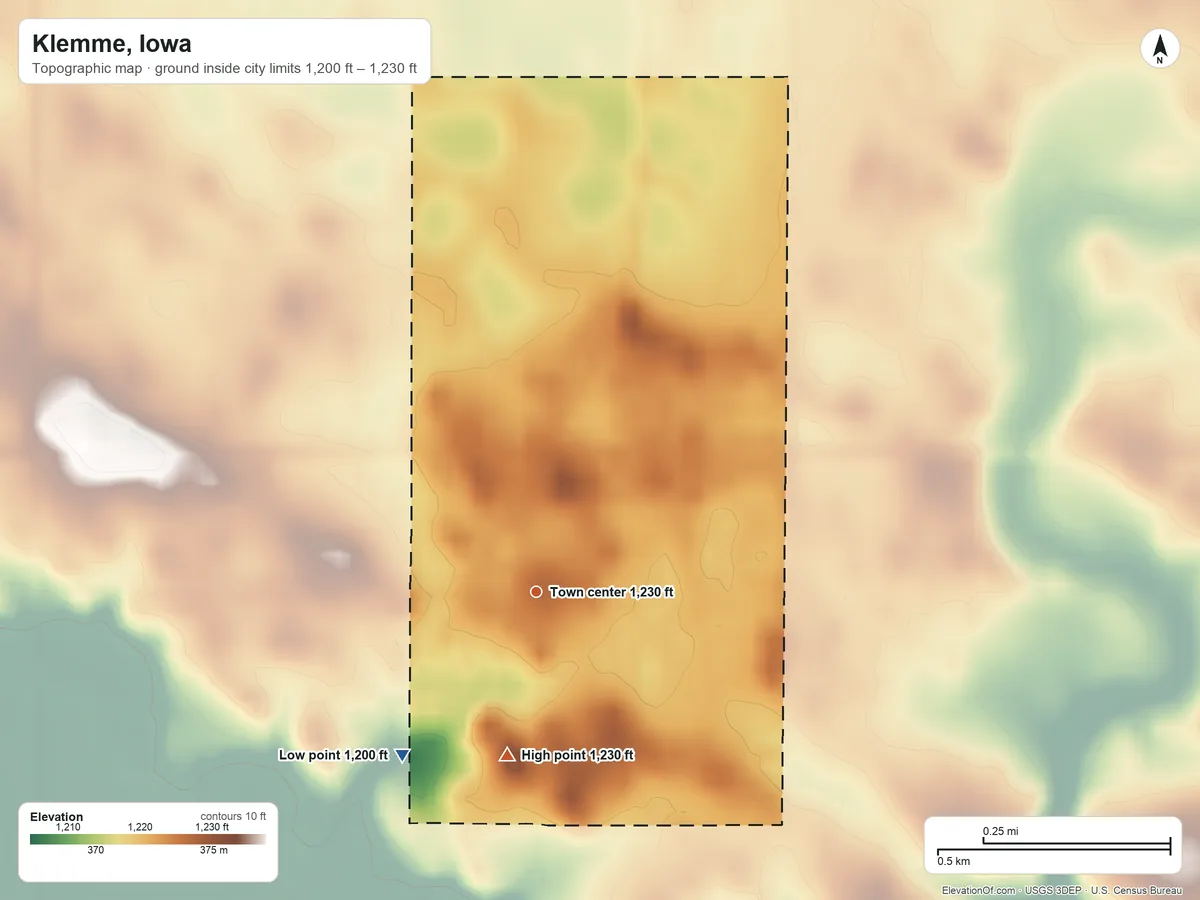 Topographic elevation map of Klemme, Iowa, shaded from 1,200 ft on the southwest side to 1,230 ft on the south side