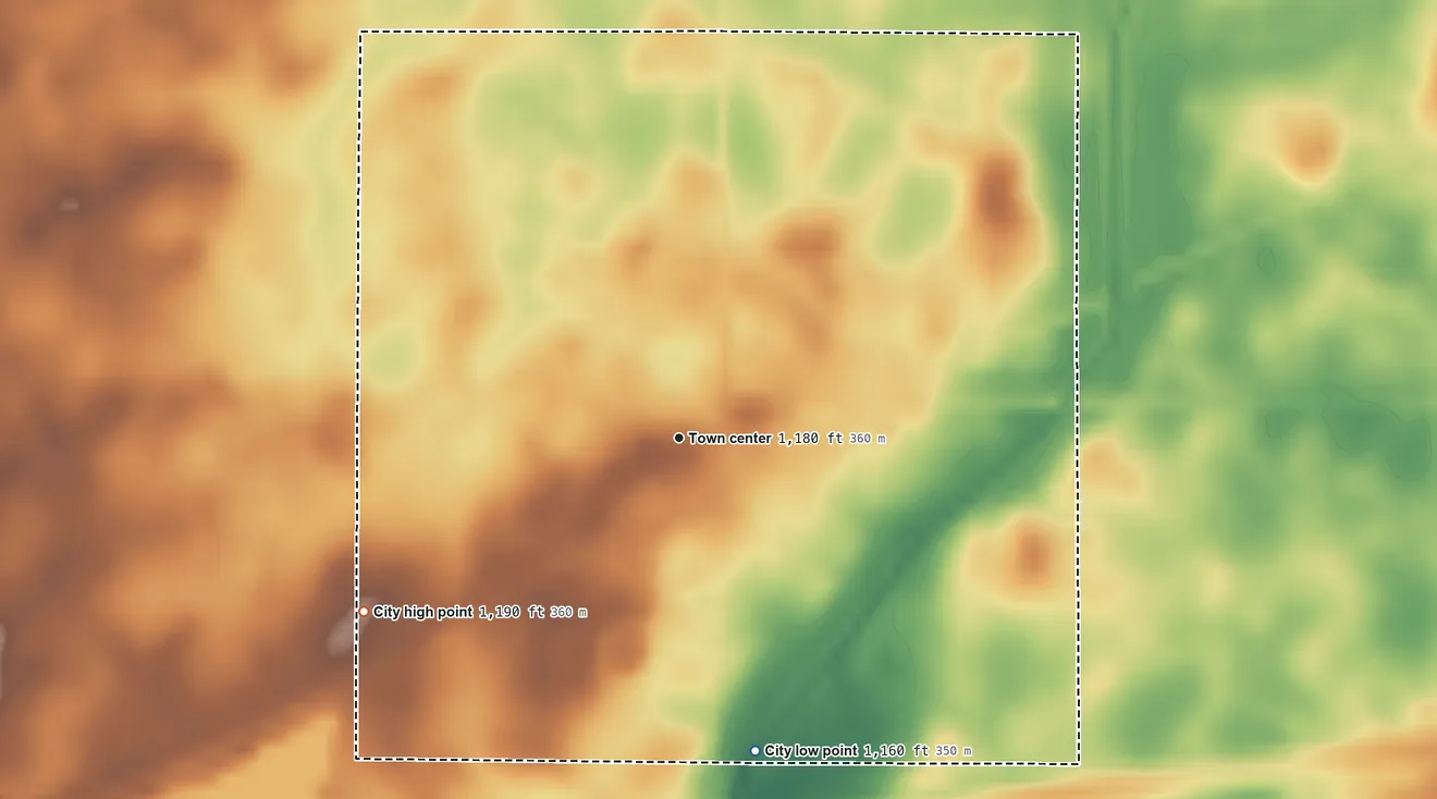 Topographic elevation map of Knierim, Iowa, shaded from 1,160 ft on the south side to 1,190 ft on the southwest side