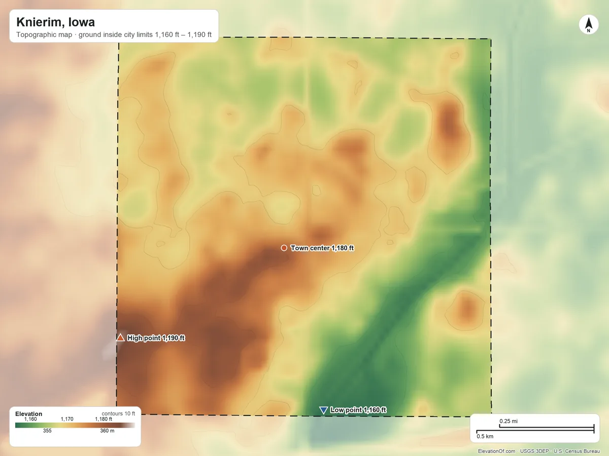 Topographic elevation map of Knierim, Iowa, shaded from 1,160 ft on the south side to 1,190 ft on the southwest side
