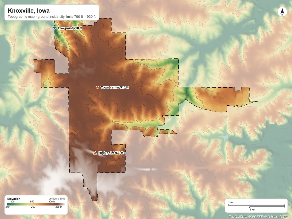 Topographic elevation map of Knoxville, Iowa, shaded from 790 ft on the northwest side to 930 ft on the south side
