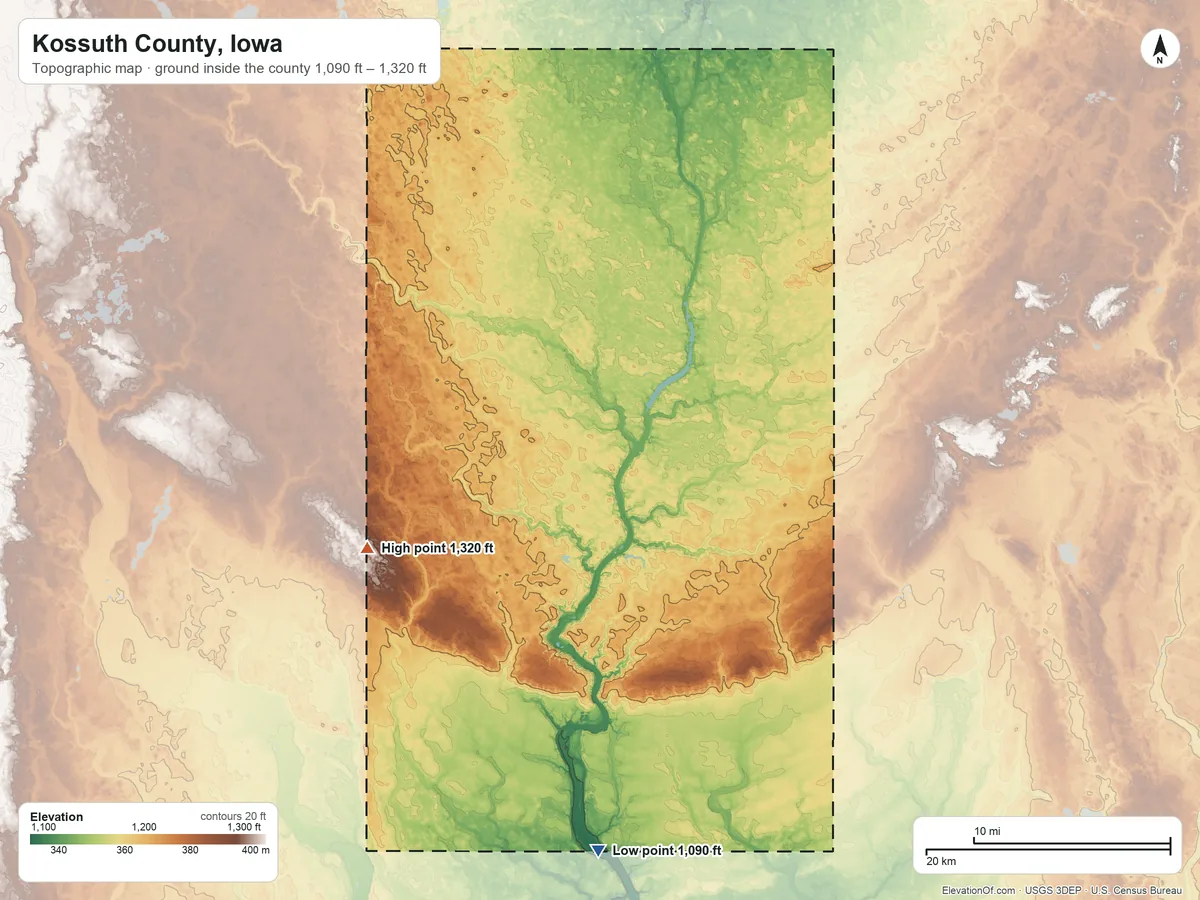 Topographic elevation map of Kossuth County, Iowa, shaded from 1,090 ft on the south side to 1,320 ft on the southwest side