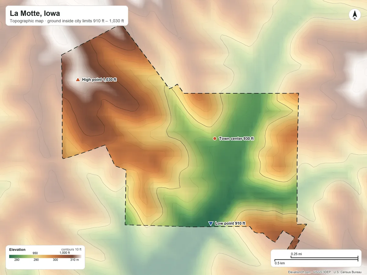 Topographic elevation map of La Motte, Iowa, shaded from 910 ft on the south side to 1,030 ft on the northwest side