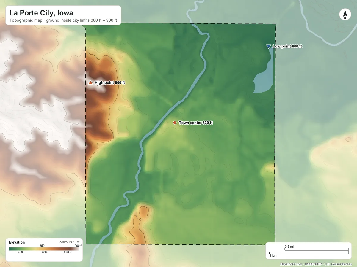 Topographic elevation map of La Porte City, Iowa, shaded from 800 ft on the northeast side to 900 ft on the northwest side