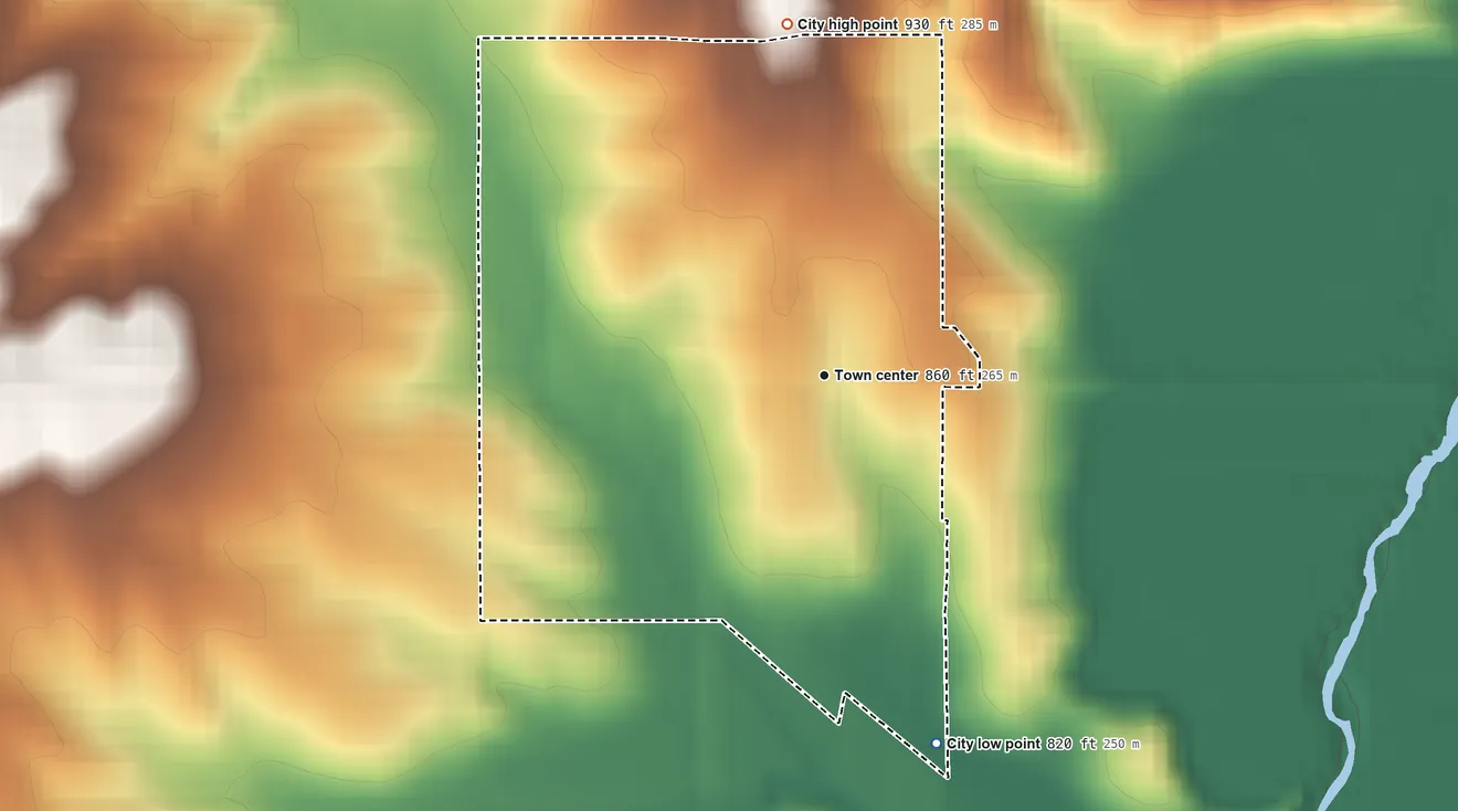 Topographic elevation map of Lacona, Iowa, shaded from 820 ft on the south side to 930 ft on the north side