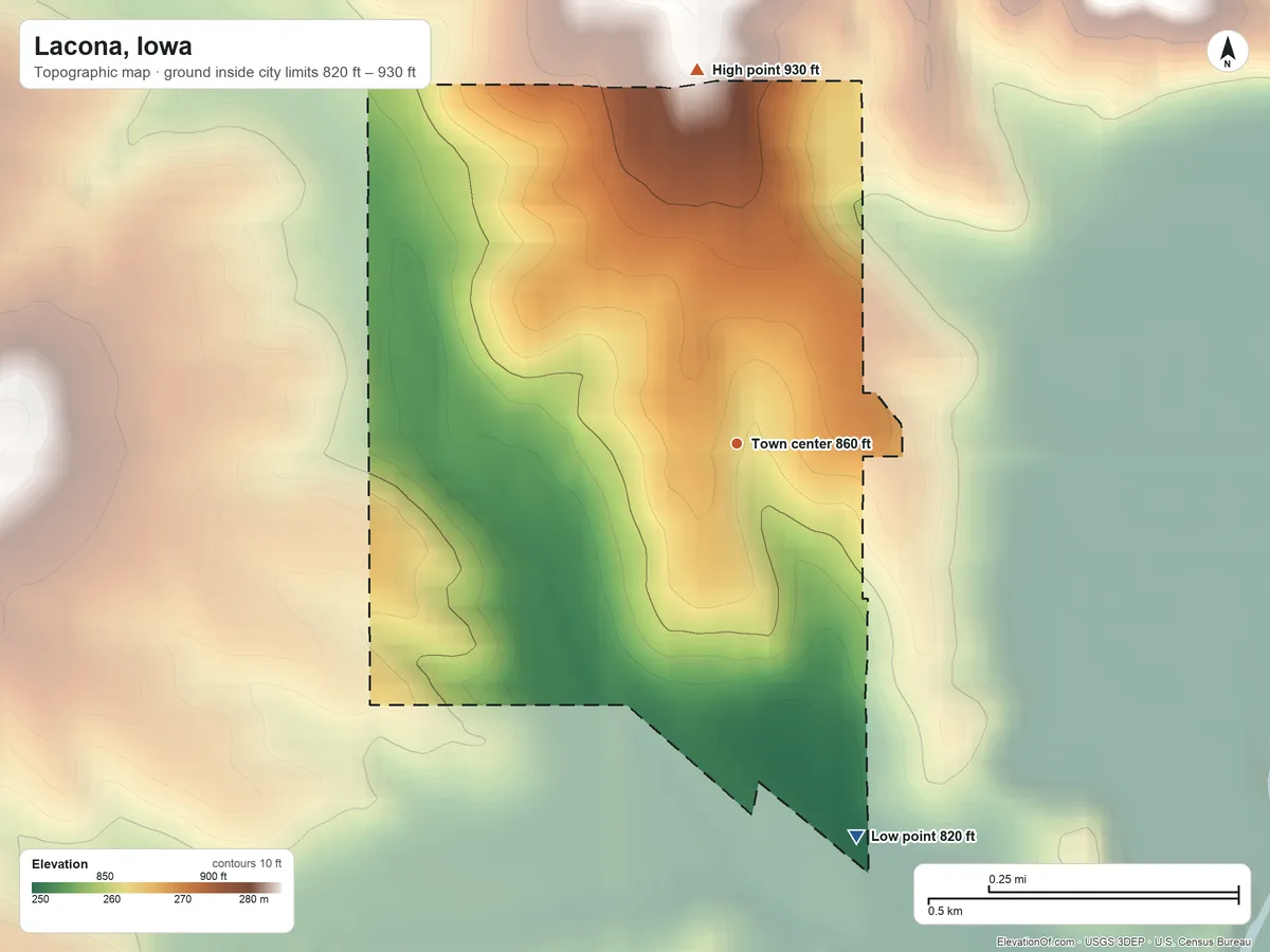 Topographic elevation map of Lacona, Iowa, shaded from 820 ft on the south side to 930 ft on the north side