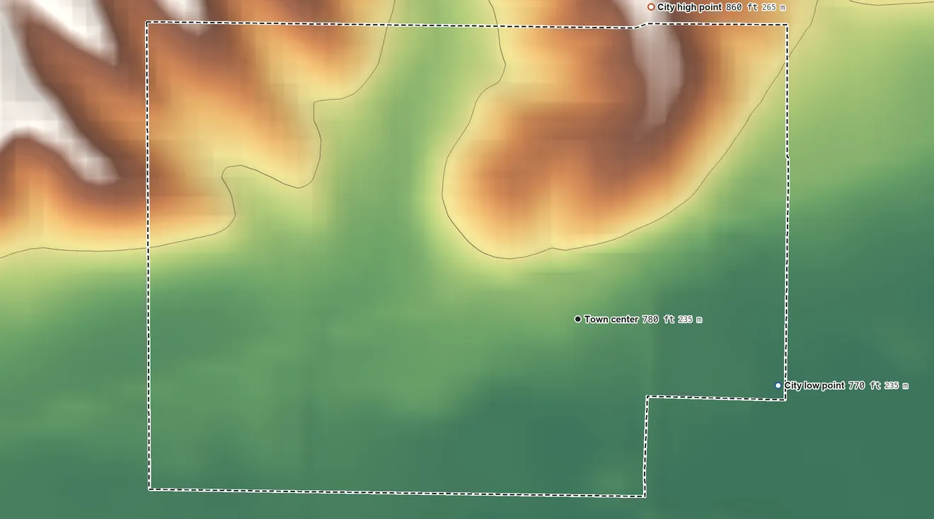 Topographic elevation map of Ladora, Iowa, shaded from 770 ft on the east side to 860 ft on the north side