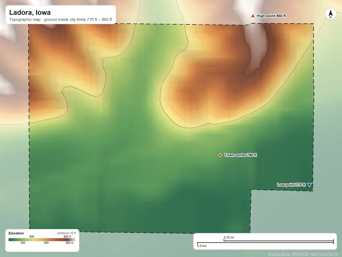 Topographic elevation map of Ladora, Iowa, shaded from 770 ft on the east side to 860 ft on the north side