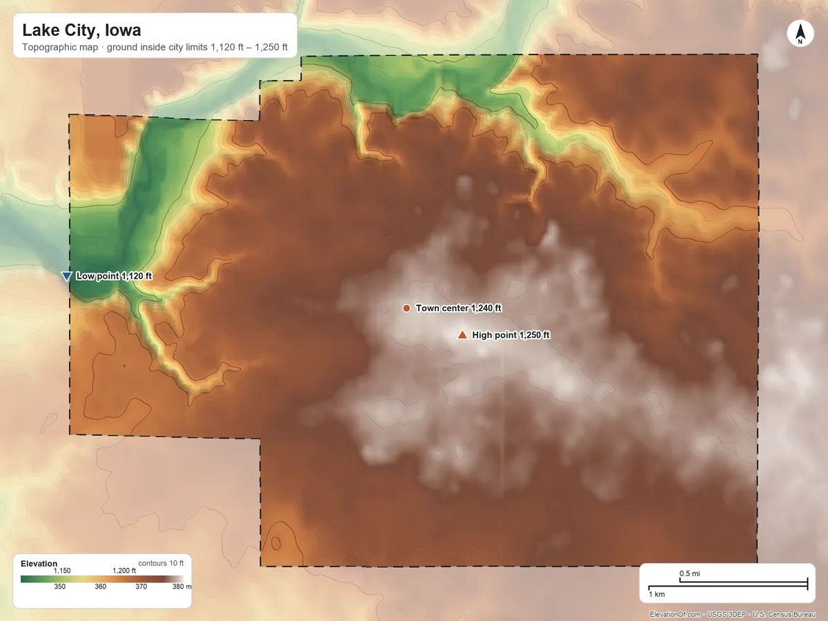 Topographic elevation map of Lake City, Iowa, shaded from 1,120 ft on the west side to 1,250 ft near the middle