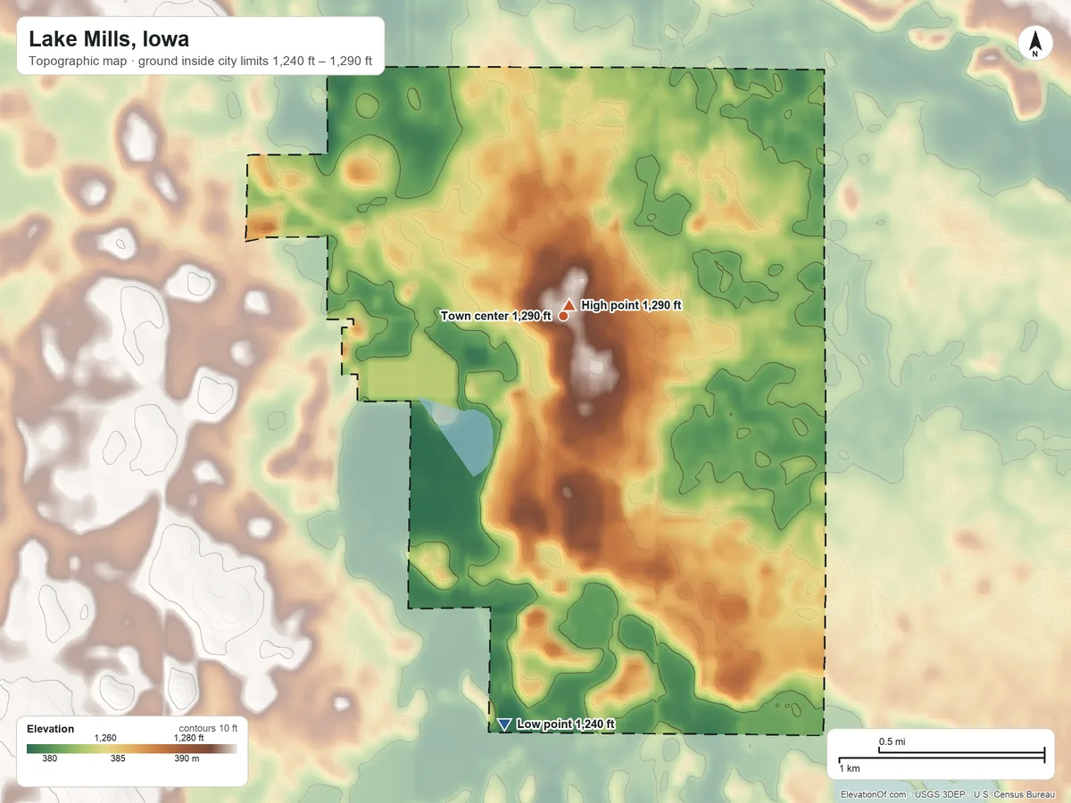 Topographic elevation map of Lake Mills, Iowa, shaded from 1,240 ft on the south side to 1,290 ft near the middle