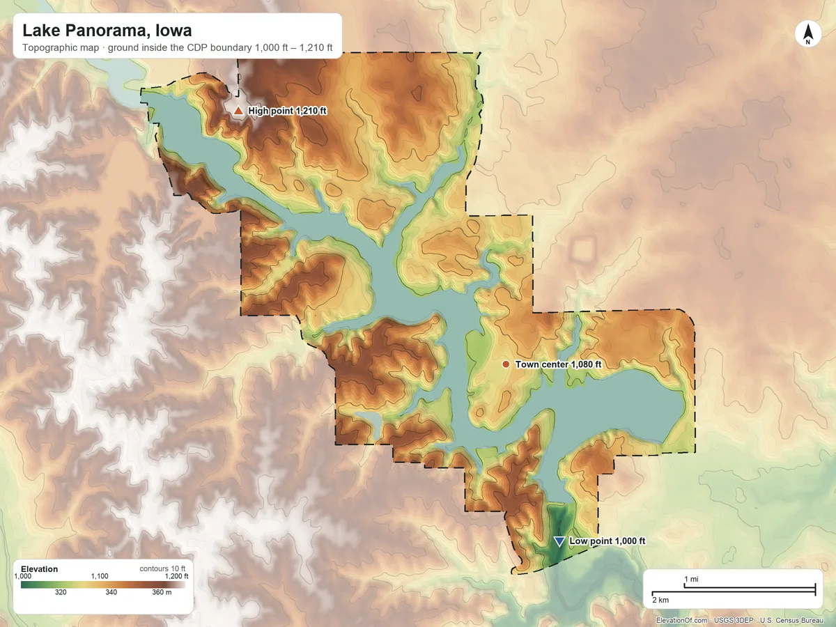 Topographic elevation map of Lake Panorama, Iowa, shaded from 1,000 ft on the south side to 1,210 ft on the northwest side