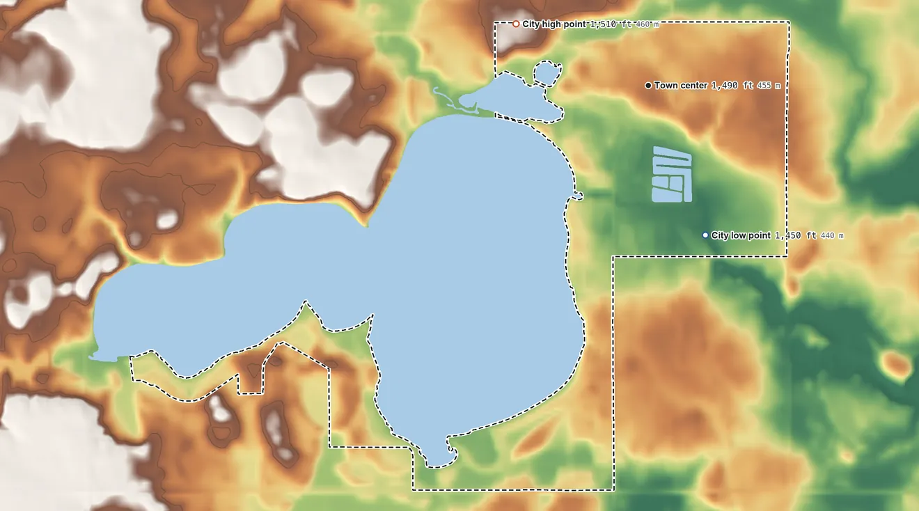 Topographic elevation map of Lake Park, Iowa, shaded from 1,450 ft on the south side to 1,510 ft on the northwest side