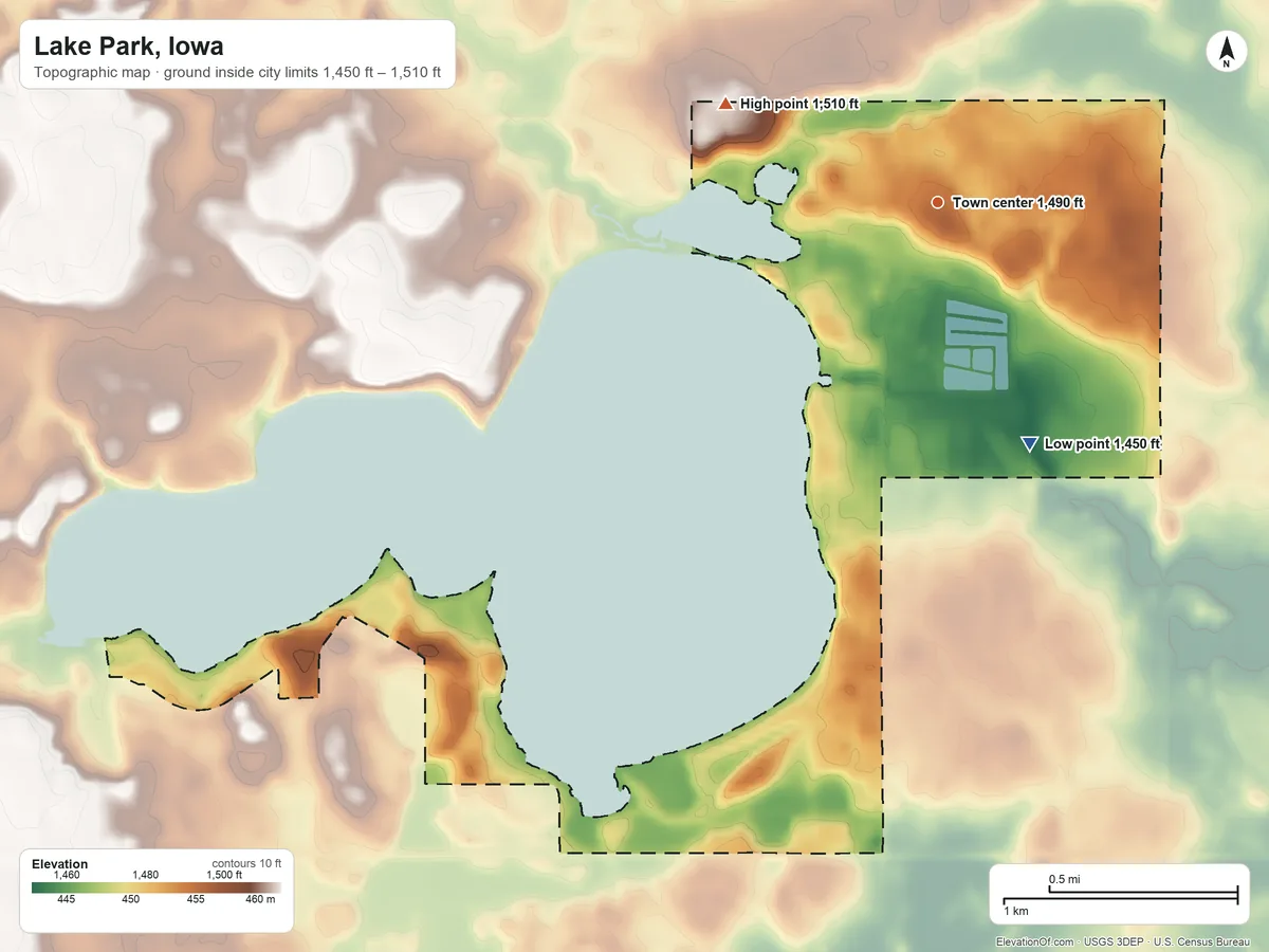 Topographic elevation map of Lake Park, Iowa, shaded from 1,450 ft on the south side to 1,510 ft on the northwest side