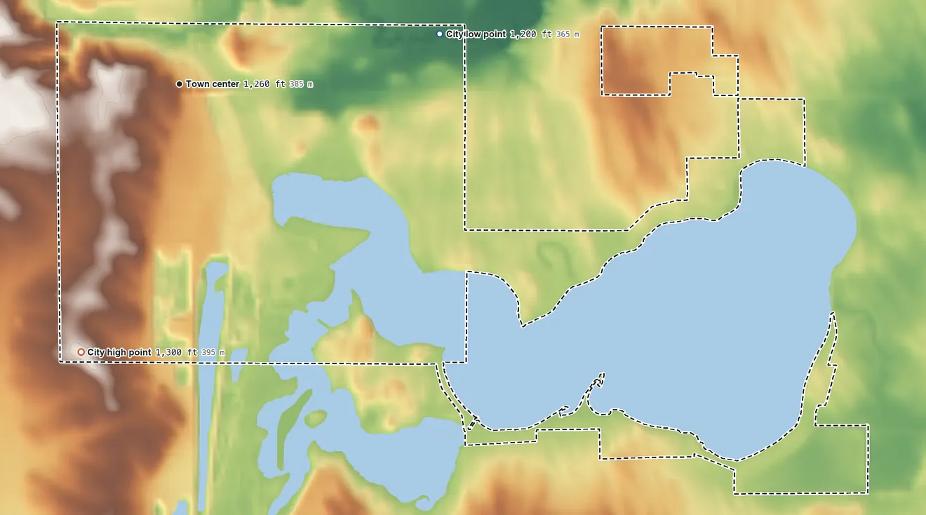 Topographic elevation map of Lake View, Iowa, shaded from 1,200 ft on the east side to 1,300 ft on the south side