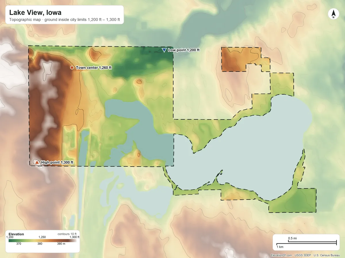 Topographic elevation map of Lake View, Iowa, shaded from 1,200 ft on the east side to 1,300 ft on the south side