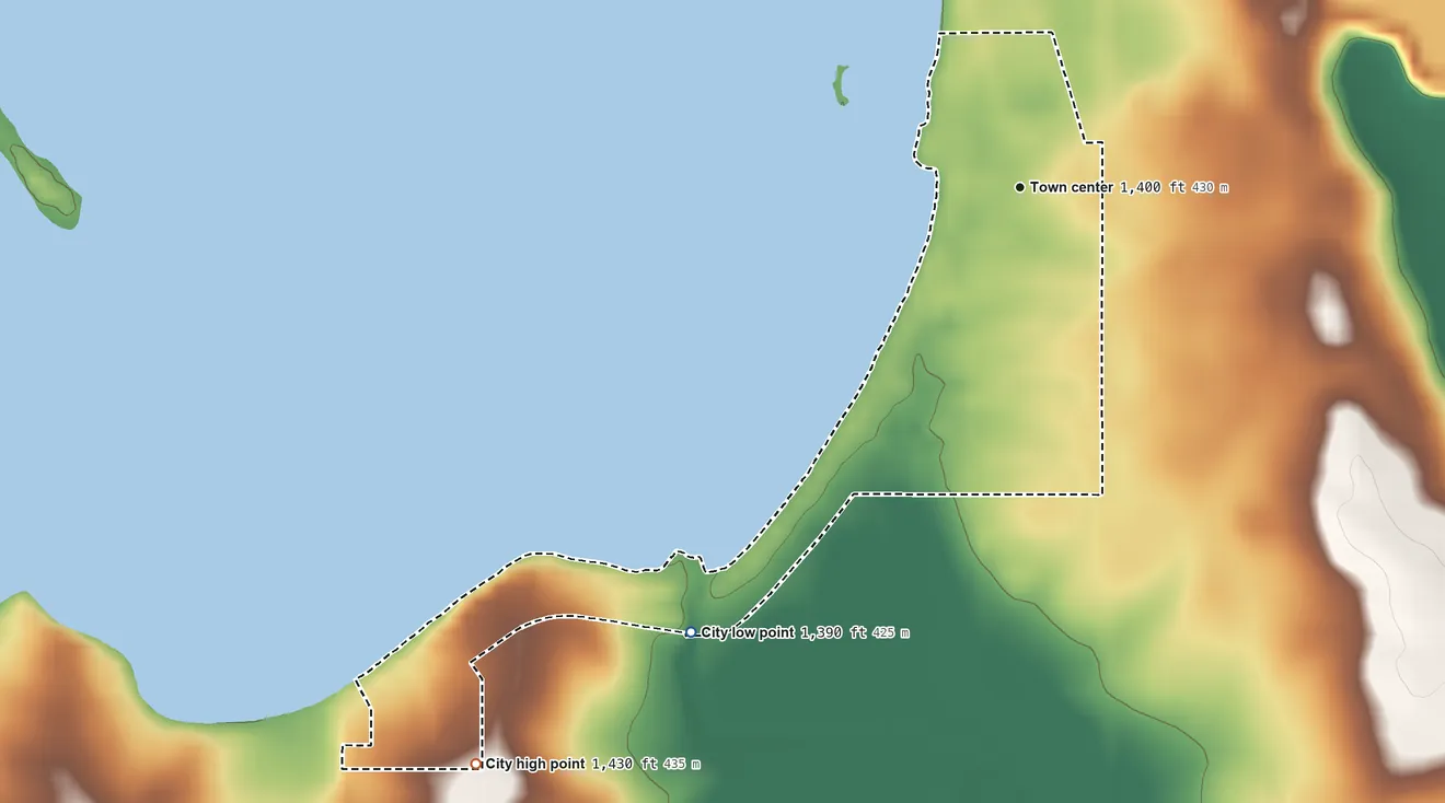 Topographic elevation map of Lakeside, Iowa, shaded from 1,390 ft on the southwest side to 1,430 ft on the southwest side