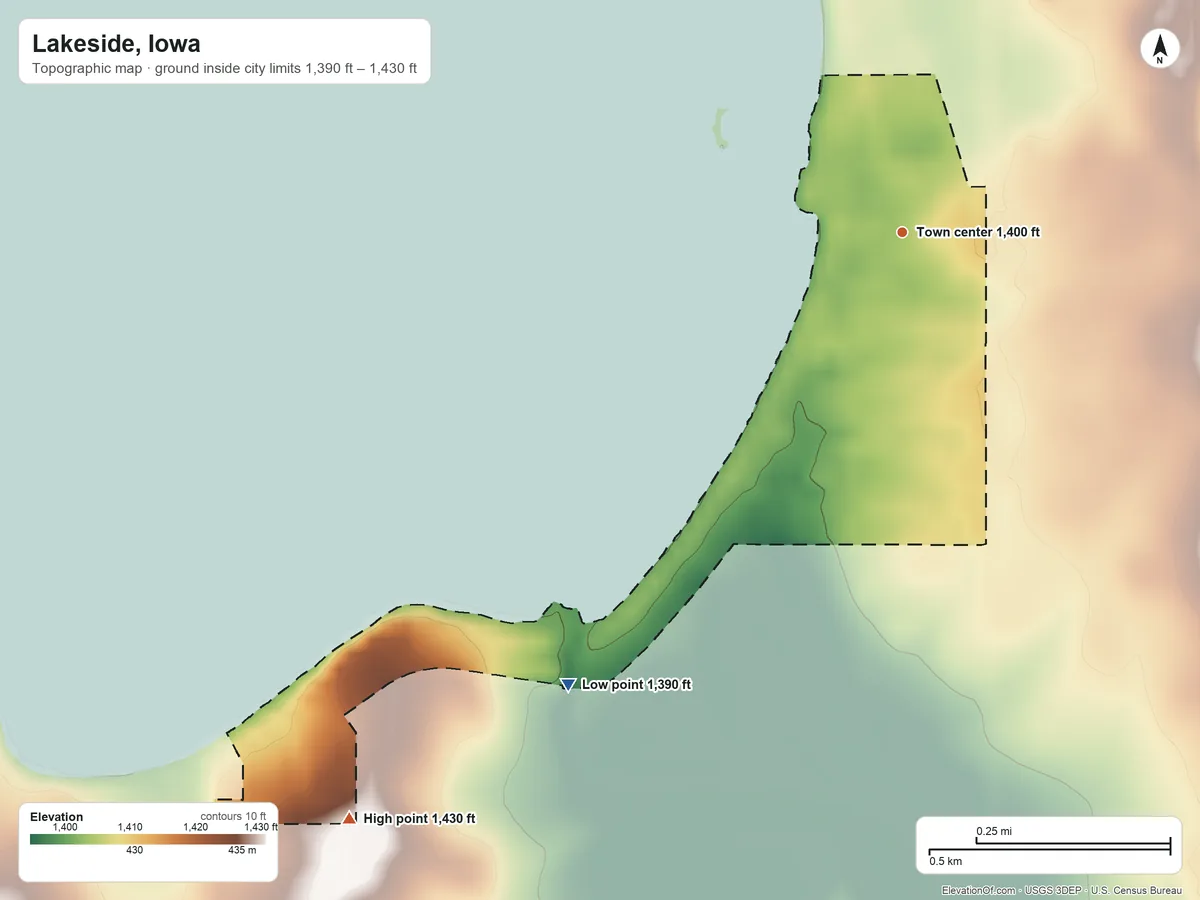 Topographic elevation map of Lakeside, Iowa, shaded from 1,390 ft on the southwest side to 1,430 ft on the southwest side