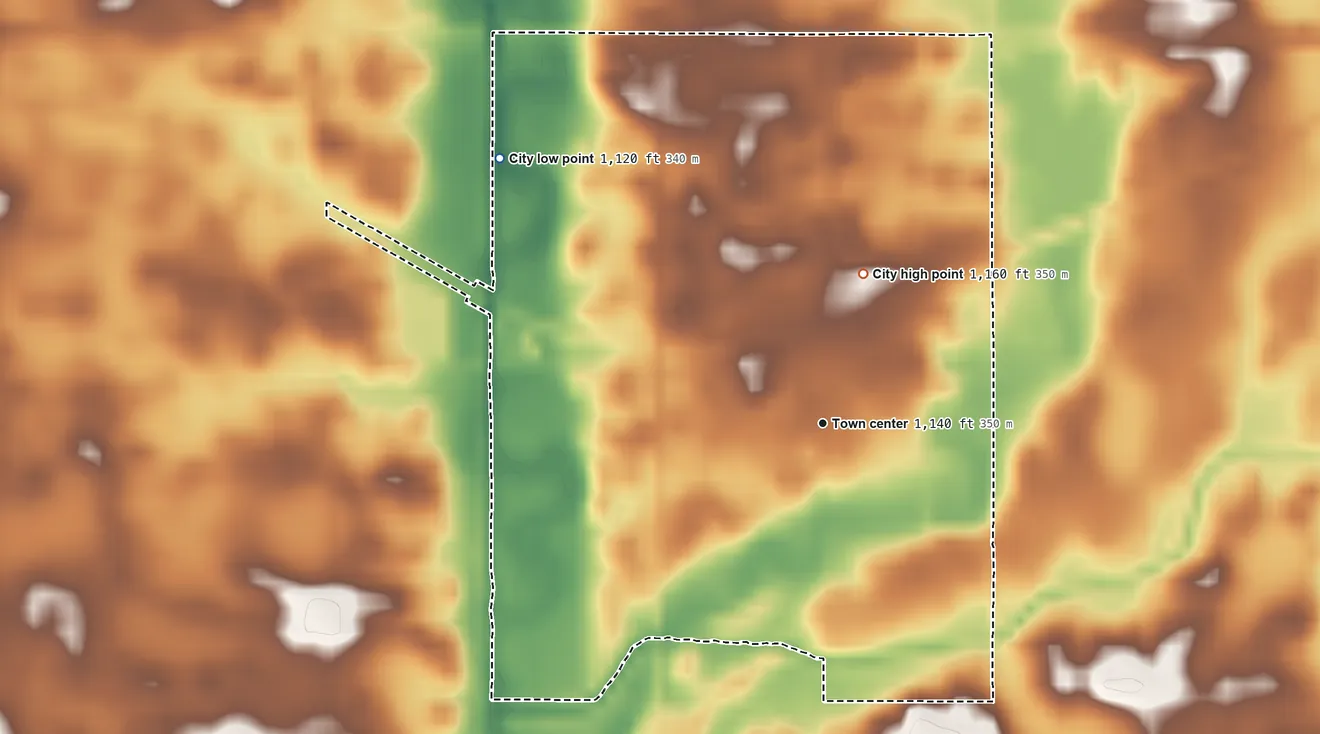 Topographic elevation map of Lakota, Iowa, shaded from 1,120 ft on the northwest side to 1,160 ft on the north side