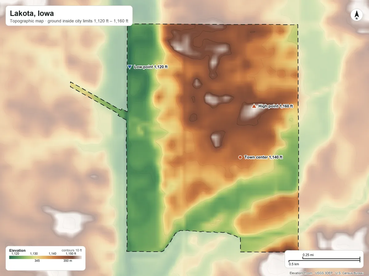 Topographic elevation map of Lakota, Iowa, shaded from 1,120 ft on the northwest side to 1,160 ft on the north side