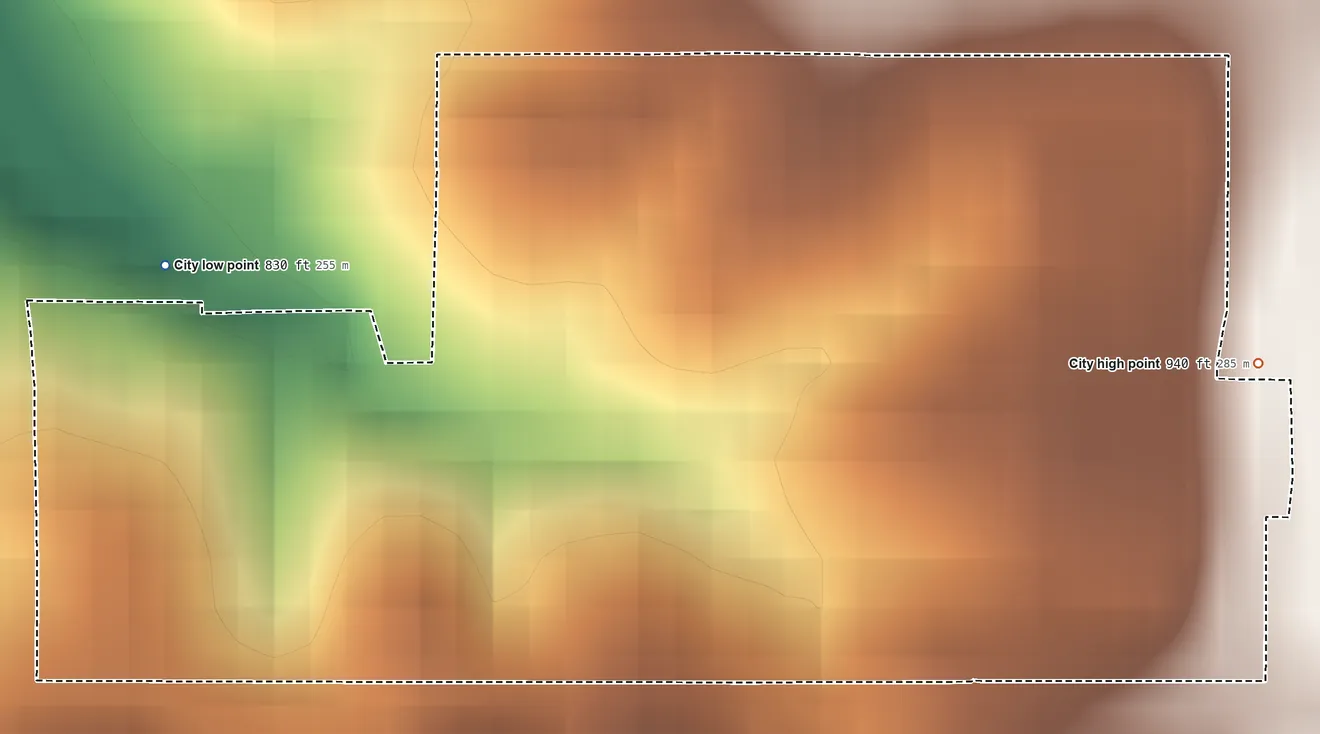 Topographic elevation map of Lambs Grove, Iowa, shaded from 830 ft on the west side to 940 ft on the east side