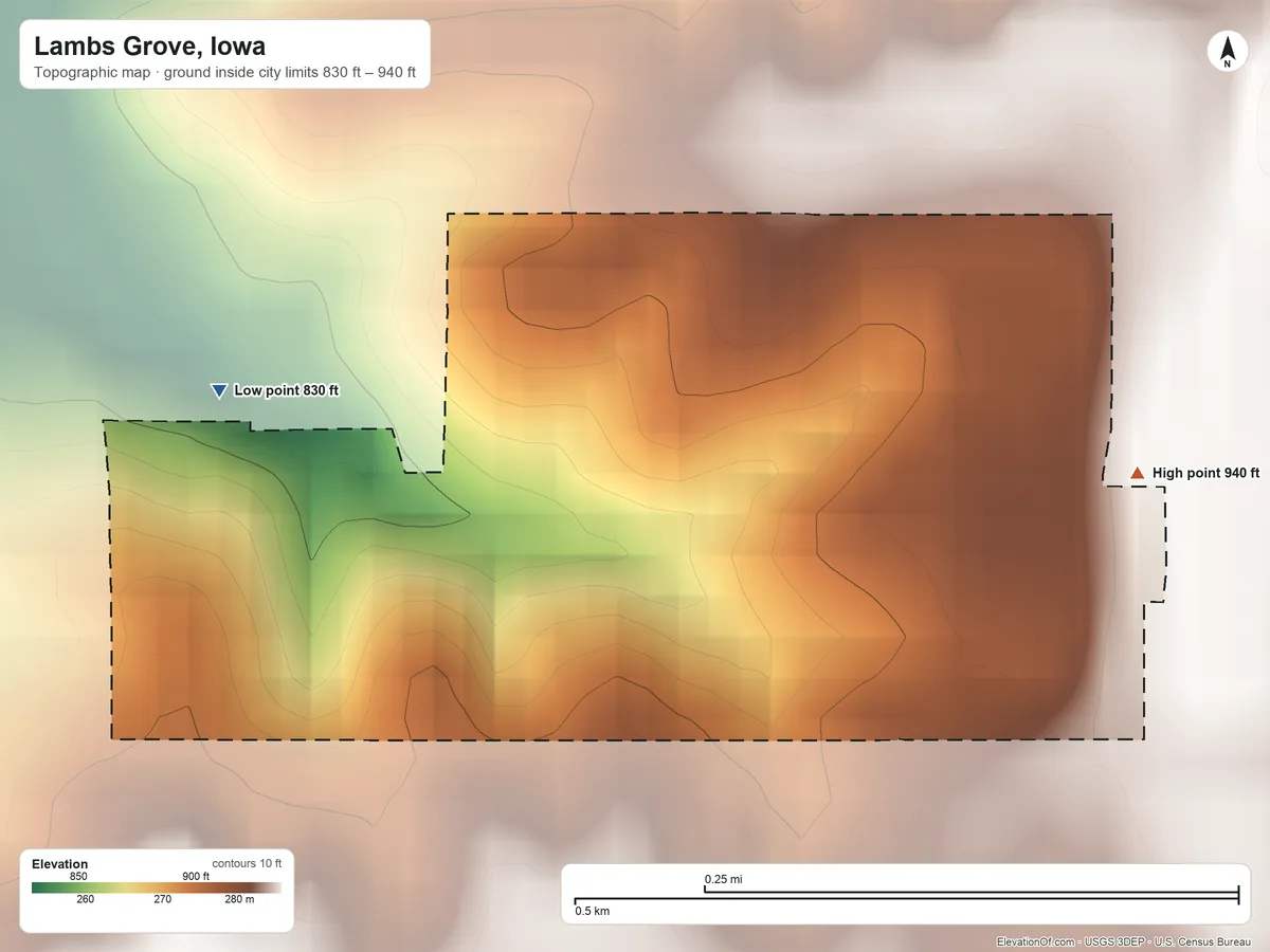 Topographic elevation map of Lambs Grove, Iowa, shaded from 830 ft on the west side to 940 ft on the east side
