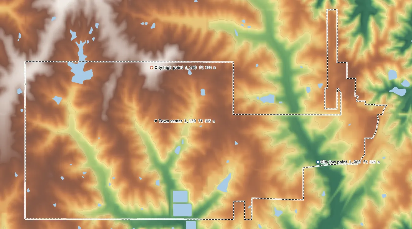 Topographic elevation map of Lamoni, Iowa, shaded from 1,060 ft on the east side to 1,160 ft on the north side