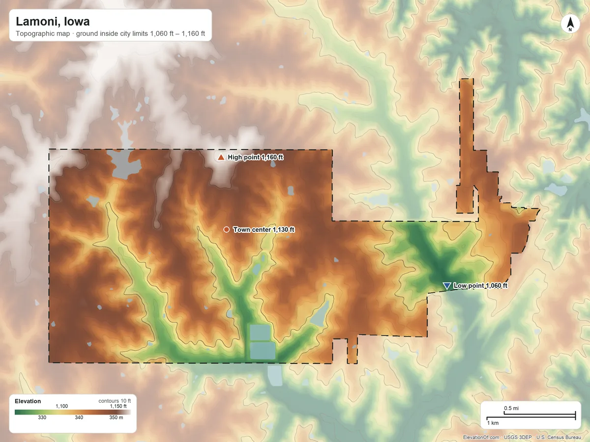 Topographic elevation map of Lamoni, Iowa, shaded from 1,060 ft on the east side to 1,160 ft on the north side