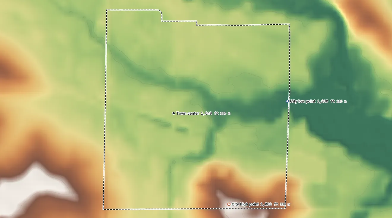 Topographic elevation map of Lamont, Iowa, shaded from 1,030 ft on the east side to 1,080 ft on the southeast side