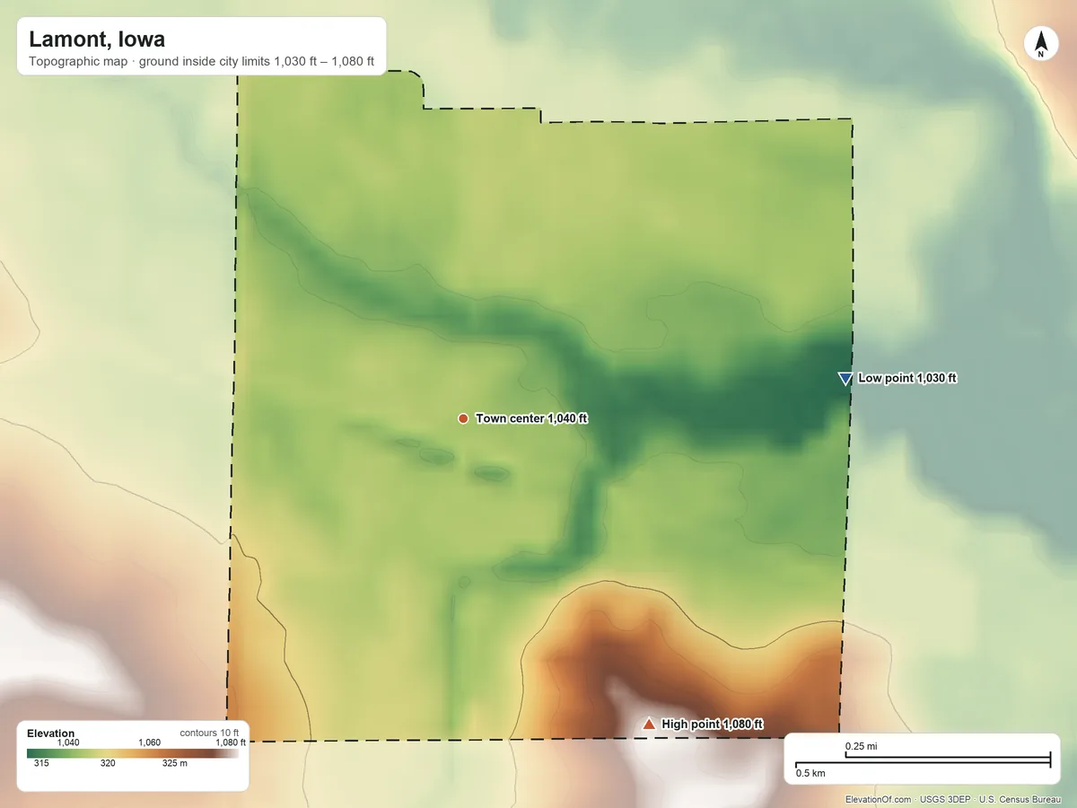Topographic elevation map of Lamont, Iowa, shaded from 1,030 ft on the east side to 1,080 ft on the southeast side