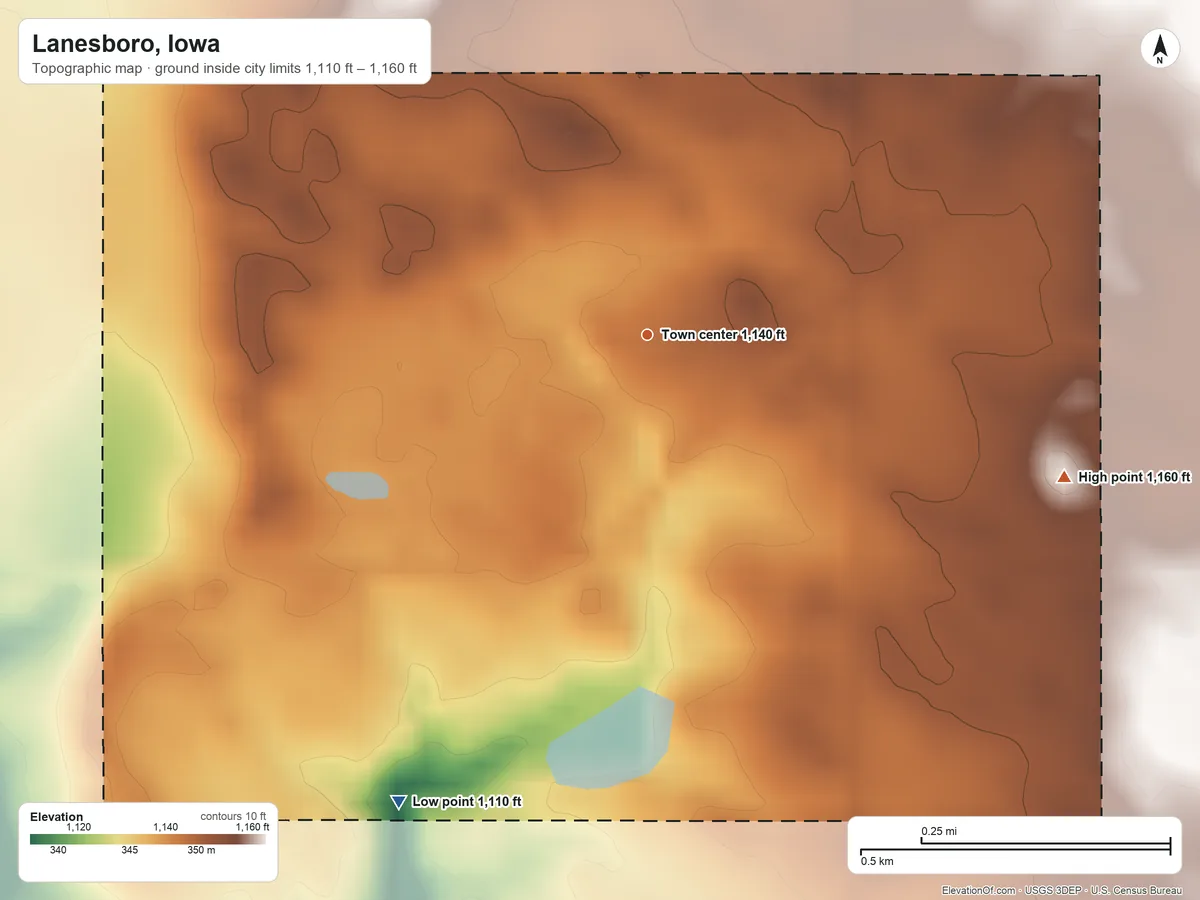 Topographic elevation map of Lanesboro, Iowa, shaded from 1,110 ft on the southwest side to 1,160 ft on the east side