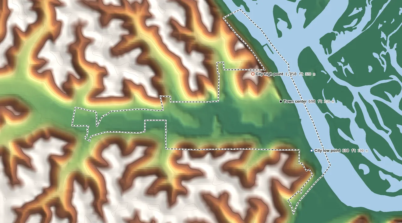Topographic elevation map of Lansing, Iowa, shaded from 630 ft on the southeast side to 1,050 ft on the northwest side