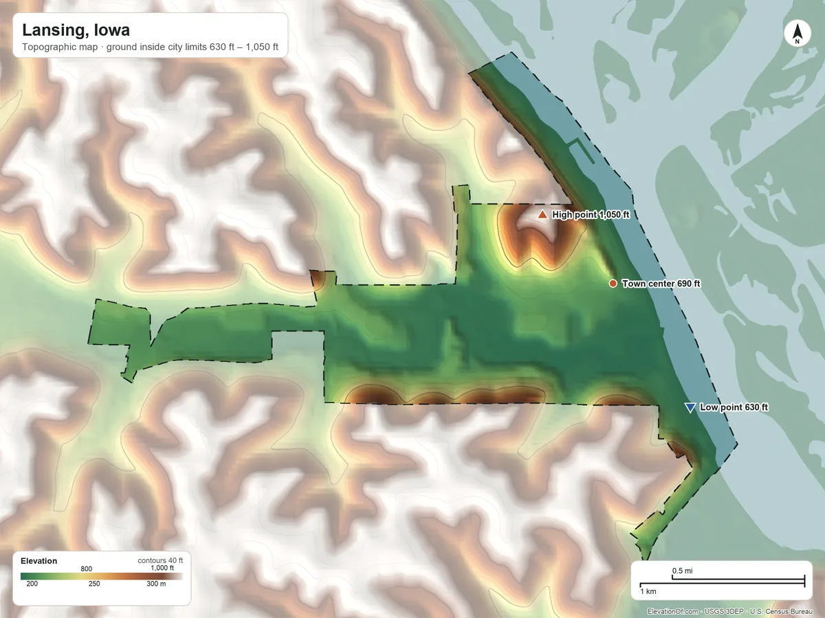 Topographic elevation map of Lansing, Iowa, shaded from 630 ft on the southeast side to 1,050 ft on the northwest side