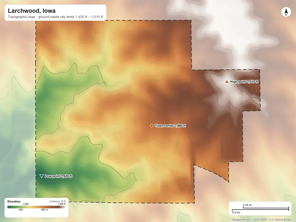 Topographic elevation map of Larchwood, Iowa, shaded from 1,420 ft on the southwest side to 1,510 ft on the northeast side