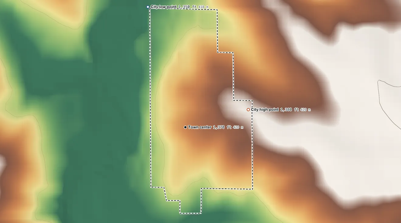 Topographic elevation map of Larrabee, Iowa, shaded from 1,350 ft on the north side to 1,380 ft on the east side
