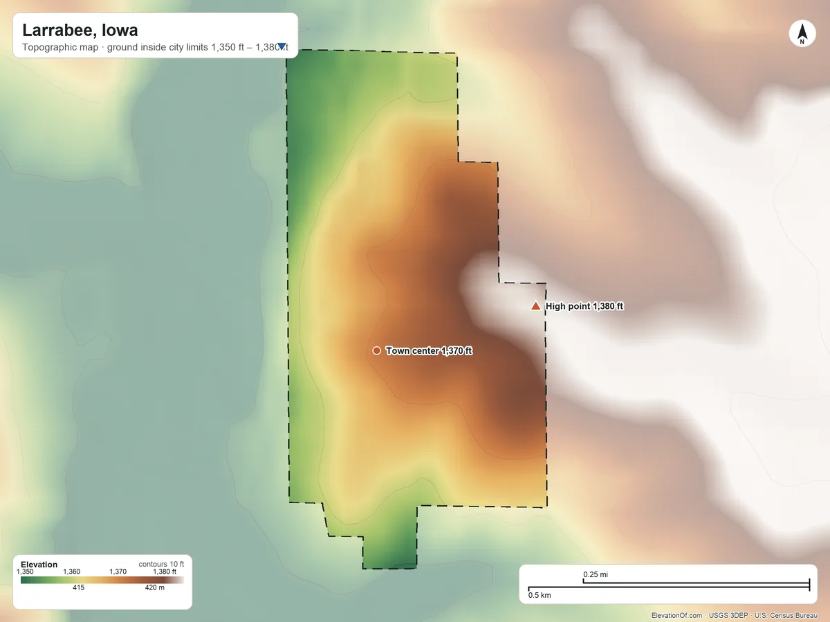 Topographic elevation map of Larrabee, Iowa, shaded from 1,350 ft on the north side to 1,380 ft on the east side